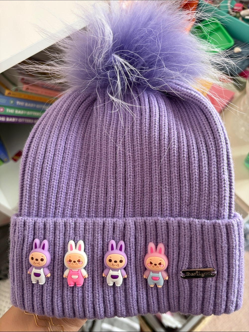 Kids Lavender Knit Pom Beanie with Labubu inspired Charms